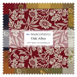 Può includere: Una pila di 42 quadrati di tessuto da 10 pollici, etichettata Marcus Fabrics Oak Alley. Il quadrato superiore presenta uno sfondo rosso intenso con un motivo botanico color crema di foglie di quercia, ghiande e fiori con bordi dentellati.