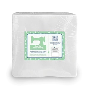 May include: A package of white sew-in interfacing sheets, wrapped in clear plastic. The label features a green sewing machine illustration and the text "Sew-in Interfacing". The package includes 100 precut sheets.