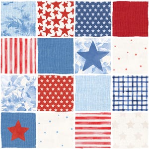 May include: A patchwork design featuring squares with patriotic patterns. The squares display red stars on white, blue stars on white, red stripes, and blue floral and solid backgrounds. The overall theme is Americana.
