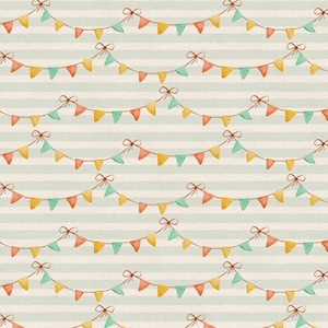 May include: A repeating pattern featuring watercolor-style bunting flags in shades of orange, yellow, and teal, suspended by thin brown strings with small bows, set against a background of horizontal light gray and white stripes.