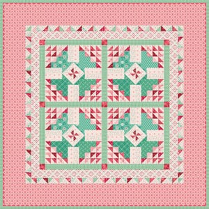 May include: A square quilt with a patchwork design. The quilt features a pink and green colour scheme with various geometric patterns, including triangles, squares, and floral motifs. The border is a dotted pink pattern, and the centre has a cross-like design.
