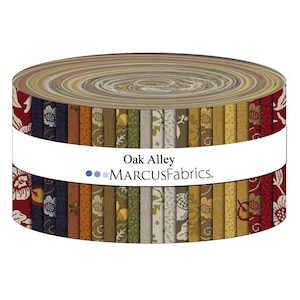 May include: A jelly roll of fabric strips featuring the Oak Alley collection by Marcus Fabrics. The strips display a variety of patterns including floral, acorn, and vine motifs in a colour palette of deep red, navy, gold, olive, and cream.