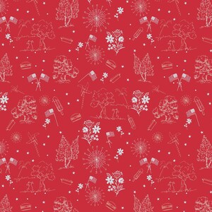 May include: Red background with a white, repeating pattern of American flags, fireworks, trees, flowers, hot dogs, hamburgers, and stars. The design evokes a festive, patriotic theme.