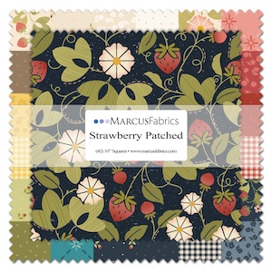 May include: A collection of fabric squares featuring a strawberry-themed design. The main pattern showcases strawberries, white flowers, and green leaves on a dark blue background. The squares are 10 inches each, with a variety of complementary patterns.