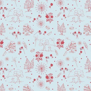 May include: A repeating pattern on a light blue background featuring red line drawings of trees, flowers, American flags, fireworks, pinwheels, hot dogs, and hamburgers. Small red stars are scattered throughout the design, creating a festive and patriotic theme.