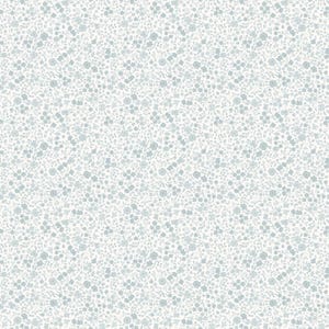 May include: A repeating textile pattern featuring a dense arrangement of small, light blue flowers and delicate leaves set against a solid white background. The design consists of tiny floral motifs evenly distributed across the entire surface area.