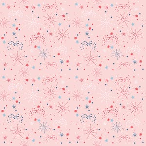 May include: A repeating pattern on a pink background featuring stylized fireworks, stars, and dots in red, white, and blue. The design is reminiscent of a festive celebration or holiday theme.
