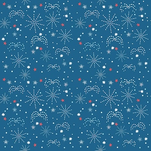 May include: A seamless pattern on a dark blue background featuring white and red starbursts, fireworks, and dots. The design is a repeating pattern of stylized fireworks and star shapes.