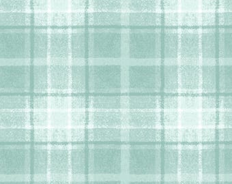 Pode incluir: Um tecido têxtil com um padrão xadrez repetitivo em tons de verde menta claro e branco. O design consiste em linhas horizontais e verticais que se cruzam com larguras variáveis, criando um efeito visual suave, texturizado e em grade.