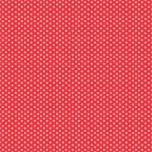 Op de afbeelding: Een naadloos patroon met een helderrode achtergrond, dicht bedekt met kleine, witte, vierbladige bloemvormen. Het ontwerp creëert een visueel consistente en gestructureerde oppervlakte.