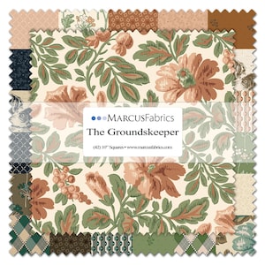May include: A stack of 42 fabric squares measuring 25.4 cm each, featuring a variety of floral and geometric patterns in shades of cream, sage green, brown, and dark navy. A white label reads MARCUSFABRICS The Groundskeeper (42) 10" Squares.