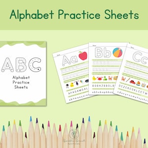 Feuilles d'exercices pour l'alphabet - 26 pages d'alphabet sur la phonétique - Apprendre à écrire - Apprendre à lire - Feuilles d'exercices préscolaires - Écriture manuscrite et sons des lettres