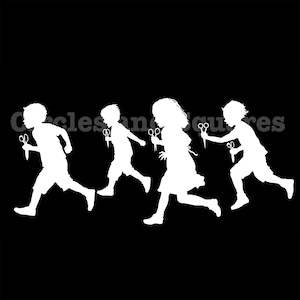 May include: A white silhouette graphic on a black background featuring four children running in a line. Each child is holding a pair of scissors in their hand. The text "Circles and Squares" is visible in a faint, semi-transparent gray font.