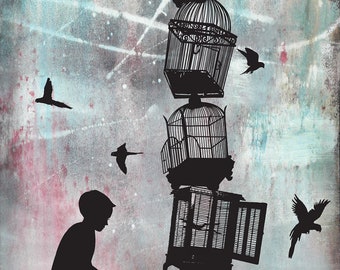 Lifted - 11x17 poster. Clearance sale, birds, cage, freedom, silhouette, kids room, play, escape