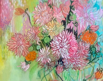 Morning Dahlias- mixed media  painting by Maria Pace-Wynters