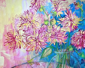 Dahlias and William Morris- mixed media  painting by Maria Pace-Wynters