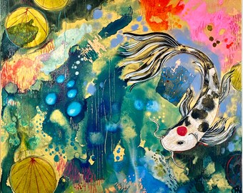 Koi On Golden Pond - Original mixed media painting by Maria Pace-Wynters