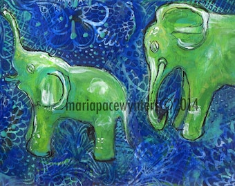 Two Jade Elephants -ACEO  Open edition reproduction by Maria Pace-Wynters
