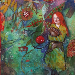 May include: A young girl with long red hair holds a brown rabbit in a green and yellow patterned dress. The background is a colorful abstract painting with green leaves, red flowers, and a blue sky.