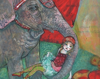 ACEO art reproduction - Circus Girl And Harriet The Elephant