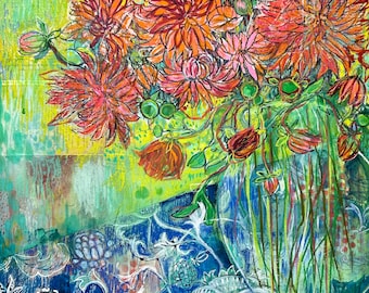 Dahlias and The Blue Prints Tablecloth-Original painting by Maria Pace-Wynters