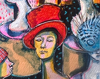 Technicolor Hat Window-Original mixed media painting by Maria Pace-Wynters