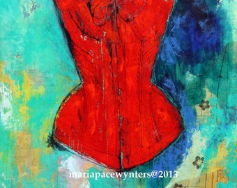 Fire Red Corset 2- Original mixed media painting by Maria Pace-Wynters