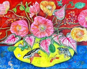 Butterfly Vase And Poppies- mixed media  painting by Maria Pace-Wynters