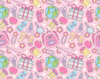 Pastel Back to School Seamless Pattern PNG, Cute Kawaii School Supplies Digital Paper Set, Pink Teacher Seamless Fabric Design