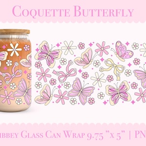 Coquette butterfly 16oz Libbey Glass Can Wrap PNG Spring Floral Glass Can Butterfly Cup Wrap Png Wildflower Coffee Cup Wrap PNG