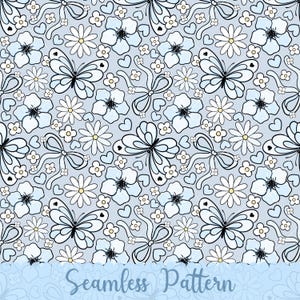 May include: A seamless pattern with butterflies, flowers, bows, and hearts in a repeating design. The colour scheme includes light blue, white, and black, creating a delicate and whimsical aesthetic. The text "Seamless Pattern" is at the bottom.