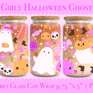 Girly Halloween Ghosts 16oz Libbey Glass Can Wrap Png Coquette Ghost Glass Wrap Trendy Cute Cup Wrap Kawaii Halloween Coffee Glass Wrap png