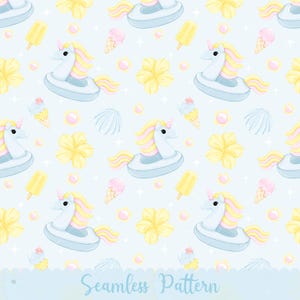 Wzór z pływającymi jednorożcami, cyfrowy papier z letnimi lodami, pastelowe tło plażowe na tkaninę, projekt sublimacji kawaii w formacie PNG