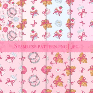 May include: A seamless pattern featuring pink, white, and blue pastel colors. The pattern includes cupcakes, croissants, coffee cups, and bows. The text "SEAMLESS PATTERN PNG | JPG" is at the top of the image.