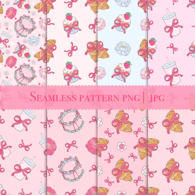 May include: A seamless pattern featuring pink, white, and blue pastel colors. The pattern includes cupcakes, croissants, coffee cups, and bows. The text "SEAMLESS PATTERN PNG | JPG" is at the top of the image.