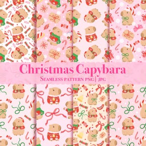 Könnte beinhalten: Eine Sammlung nahtloser Muster mit Weihnachtsmotiven. Die Muster zeigen Wasserschweine in festlichen Pullovern und Schals, umgeben von Zuckerstangen, Schleifen und Geschenken. Der Text "Christmas Capybara" ist in Rosa dargestellt.