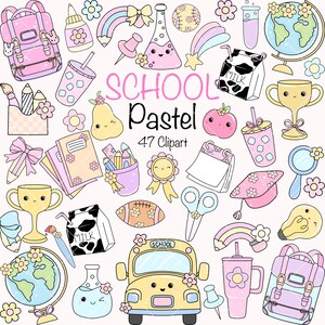 May include: A collection of pastel-colored school-themed clipart. Includes a pink backpack, a yellow school bus, a globe, a milk carton, and various other school supplies. The text "SCHOOL Pastel 47 Clipart" is also present.