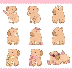 May include: Nine cartoon capybaras in various poses. Some have flowers, strawberries, or bows. One wears sunglasses and has strawberries on its head. The capybaras are light brown with tan faces and pink accents, set against a pink border.