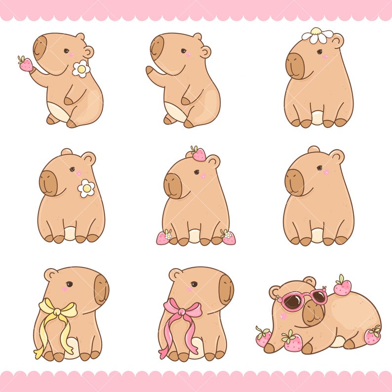 May include: Nine cartoon capybaras in various poses. Some have flowers, strawberries, or bows. One wears sunglasses and has strawberries on its head. The capybaras are light brown with tan faces and pink accents, set against a pink border.