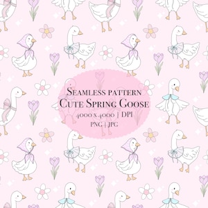 Peut inclure: Un motif sans couture représentant de jolis canards de dessin animé portant des bonnets et des écharpes, entourés de fleurs roses et de feuilles vertes. Le motif est intitulé "Seamless Pattern Cute Spring Goose 4000 x 4000 | DPI PNG + JPG".