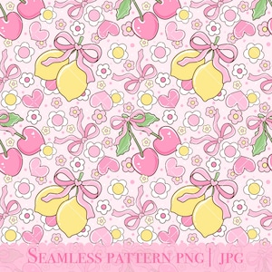 Può includere: Motivo senza cuciture con limoni, ciliegie, fiori, cuori e fiocchi rosa, gialli e bianchi. Il design include il testo "SEAMLESS PATTERN PNG | JPG" in basso. Ideale per tessuti, carta da parati o arte digitale.