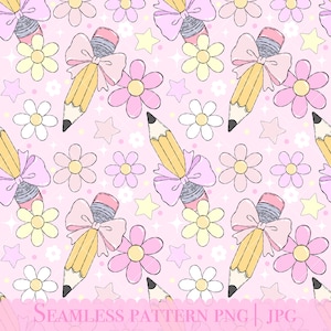 Coquette Pencil Seamless Pattern: Kawaii Teacher Digital Paper (PNG, JPG)