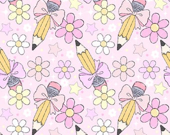 Sömlöst mönster med Coquette-pennor PNG JPG, kawaii rosa rosett digitalt papper, tygdesign för tillbaka till skolan, sött pastellblommigt stationärt mönster