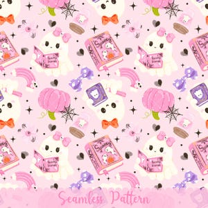 Könnte beinhalten: Ein nahtloses Muster auf hellrosa Hintergrund mit weißen Geistern mit rosa Schleifen, rosa Kürbissen, Büchern mit der Aufschrift Spooky Stories, lila Schleifen, Spinnennetzen und kleinen schwarzen Sternen. Das Design zeigt wiederkehrende Geister.