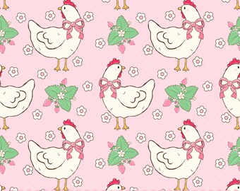 Wzór Cottagecore Chickens Seamless Pattern, Powtarzający się wzór Coquette Chickens, Nadruk z kurczakiem truskawkowym, Cyfrowe tło z kurczakami, PNG, JPG