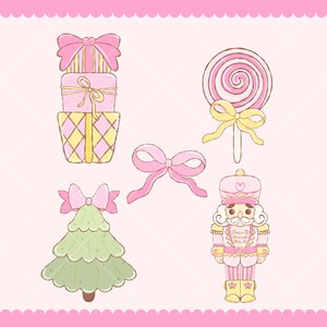 May include: A collection of whimsical Christmas-themed illustrations. Includes a stack of pink wrapped gifts with yellow accents, a pink and yellow lollipop, a pink bow, a green Christmas tree with a pink bow, and a pink and gold nutcracker.