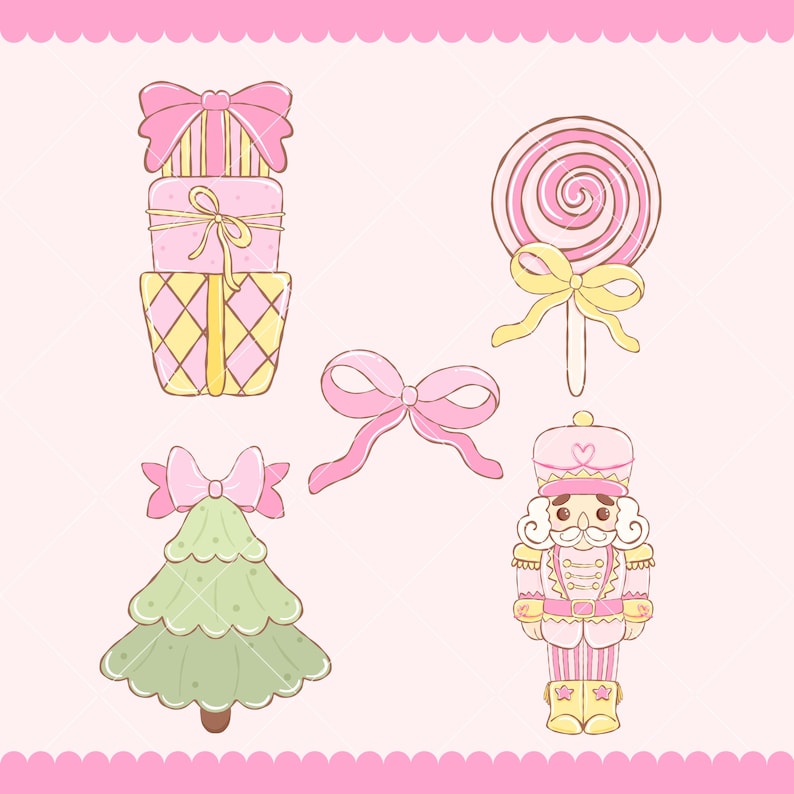 May include: A collection of whimsical Christmas-themed illustrations. Includes a stack of pink wrapped gifts with yellow accents, a pink and yellow lollipop, a pink bow, a green Christmas tree with a pink bow, and a pink and gold nutcracker.