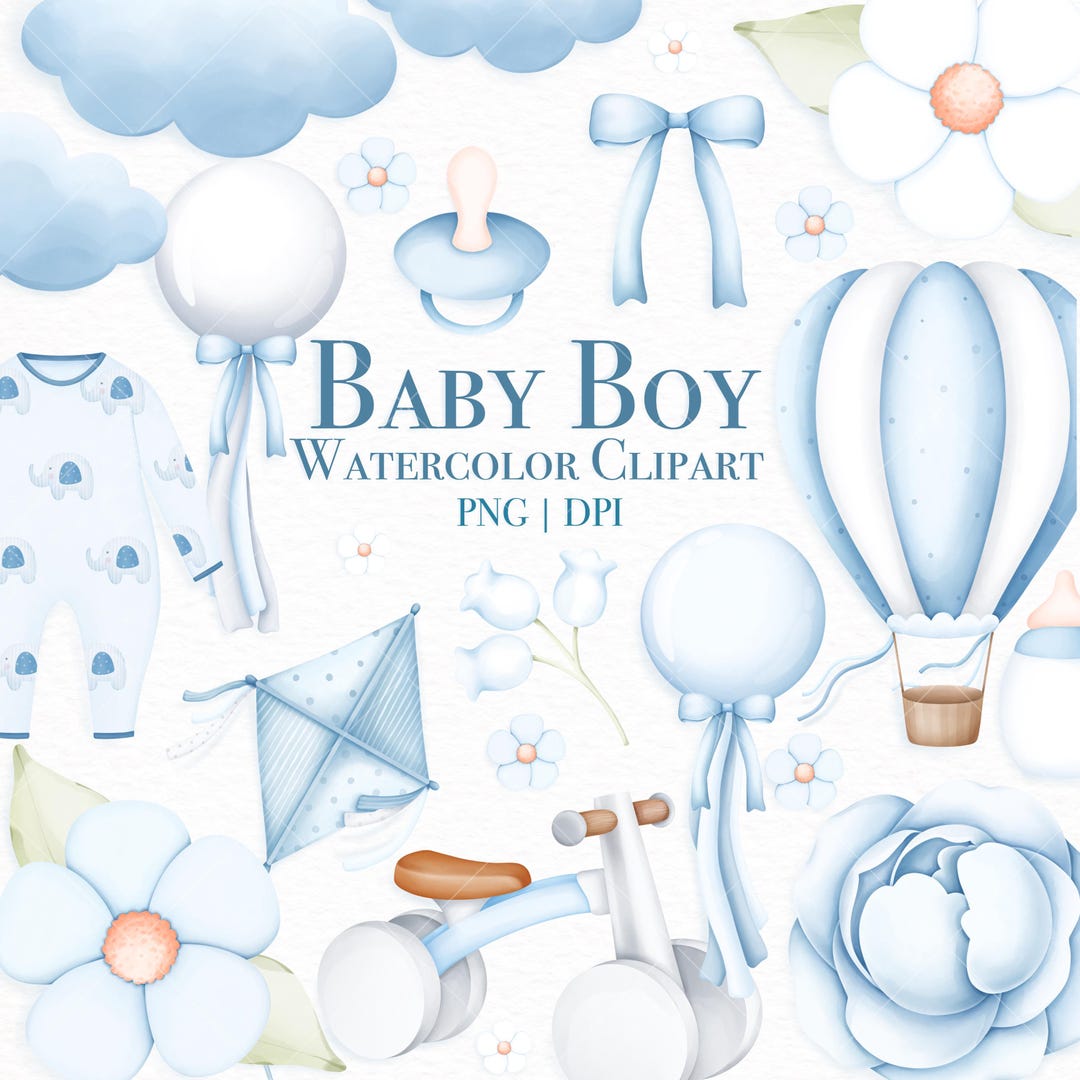 Baby Boy Watercolor Clipart, Blue Nursery Decor (PNG, Digital Download ...