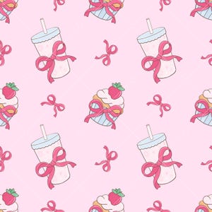 May include: A seamless pattern featuring pink and white cupcakes with pink bows, pink and white cups with pink bows and pink bows on a pink background.