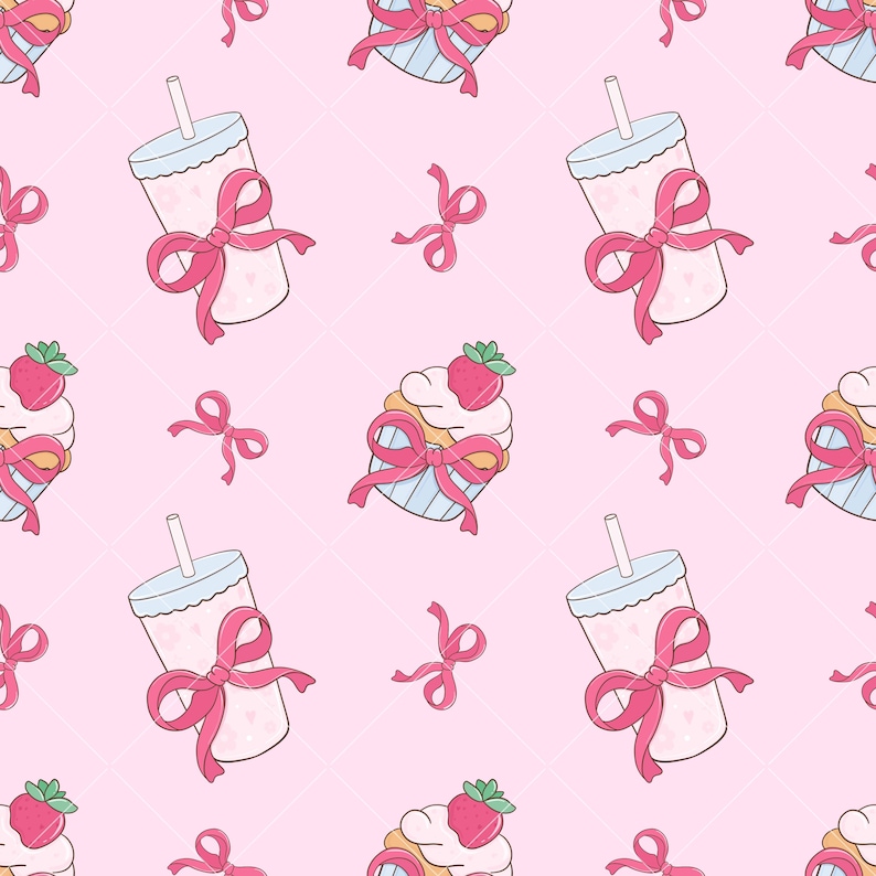 May include: A seamless pattern featuring pink and white cupcakes with pink bows, pink and white cups with pink bows and pink bows on a pink background.